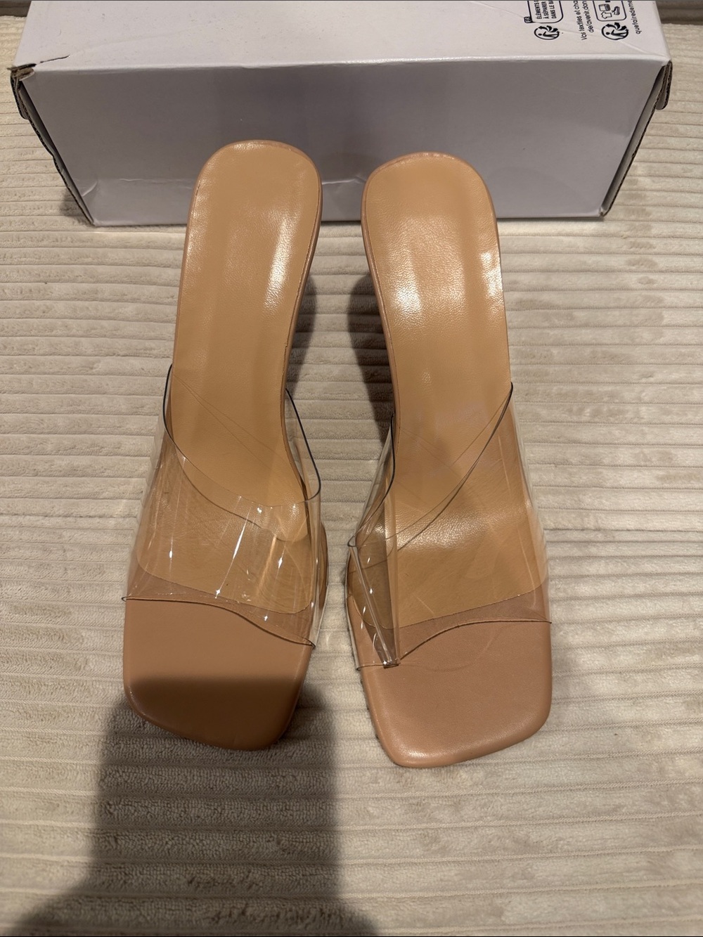 Nude Clear-Strap Square Toe Slide Heels